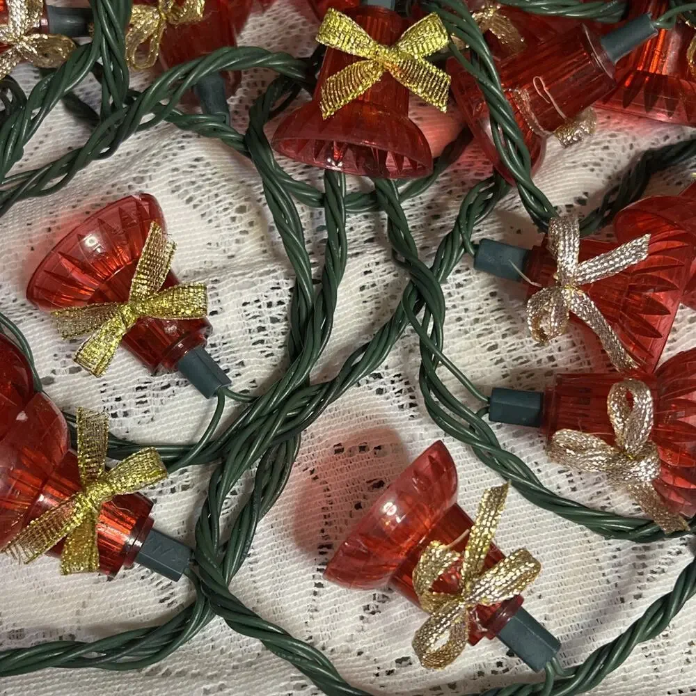 Vintage Christmas String Lights Red Bells Gold Bows Blinking Musical *READ